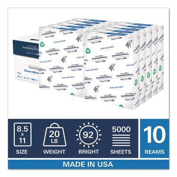 Hammermill® Great White 100 Recycled Print Paper, 92 Bright, 20lb, 8.5 X 11, White, 500 Sheets-ream, 10 Reams-carton freeshipping - TVN Wholesale